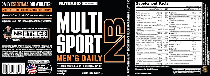 NutraBio Multisport for Men - Mens MultiVitamin - 33 Vitamins Minerals Micronutrients - Rich in Antioxidants - Supports Peak Athletic Performance Energy Metabolism (120 Vegetable Capsules)
