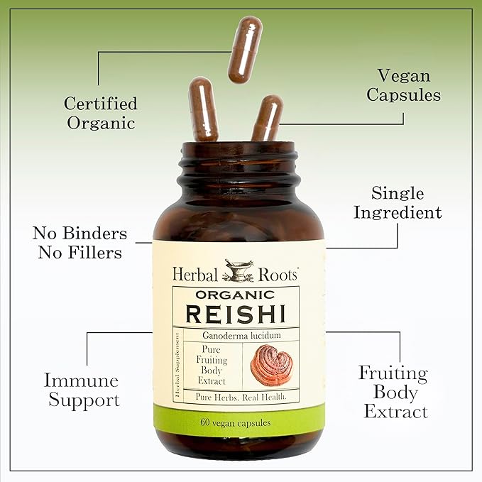 Herbal Roots Organic Reishi Mushroom Capsules - Made with Fruiting Bodies - Support Energy Vitality Immune &amp Heart Health - 60 Vegan Capsules