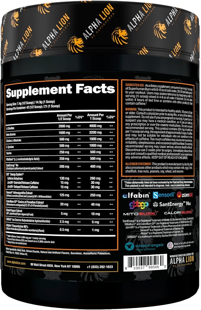 ALPHA LION Superhuman Burn 2 in 1 Metabolism Booster Pre Workout and Men's Thermogenic Fat Burner Sour Gummy Bear (Hulk Juice) Package Varies