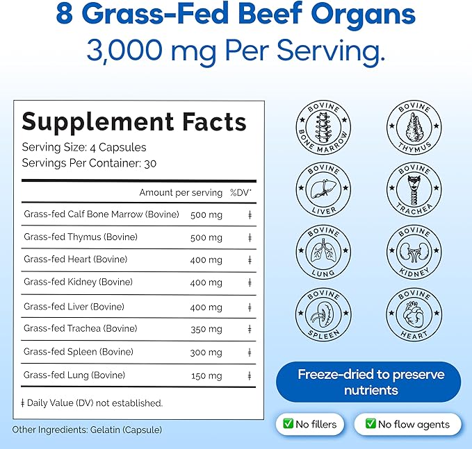 Grass Fed Beef Organ Supplement 3000mg (8 Organs) - Bone Marrow Thymus Liver Heart Kidney Trachea Spleen Lung - Freeze-Dried - 180 Capsules (30 Servings)