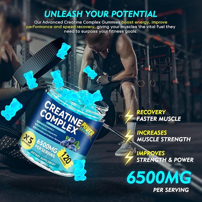 Creatine Monohydrate Gummies 6500mg per Serving for Men &amp Women - 120 Gummies X5 Strength Sugar Free Chewable Creatine for Muscle Builder Muscle Strength Pre-Workout Supplement (Blueberry)