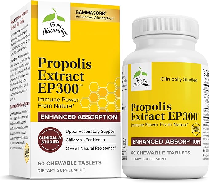 Terry Naturally Propolis Extract EP300 - Upper Respiratory &amp Immune System Support Supplement - Non-GMO with Bee Propolis Extract - Child &amp Adult Supplement - 60 Chewable Tablets