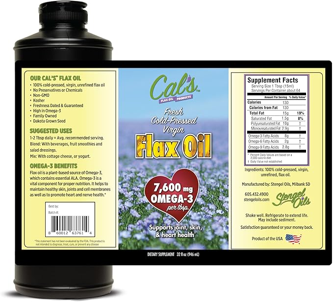 Cal's Flax Oil Cold Pressed Flax seed High in Omega 3 Fatty Acid Unrefined Flax Seed Oil Pure Flax Seed Oil Liquid Supplement for Joint Skin and Heart Health Support - 32 oz