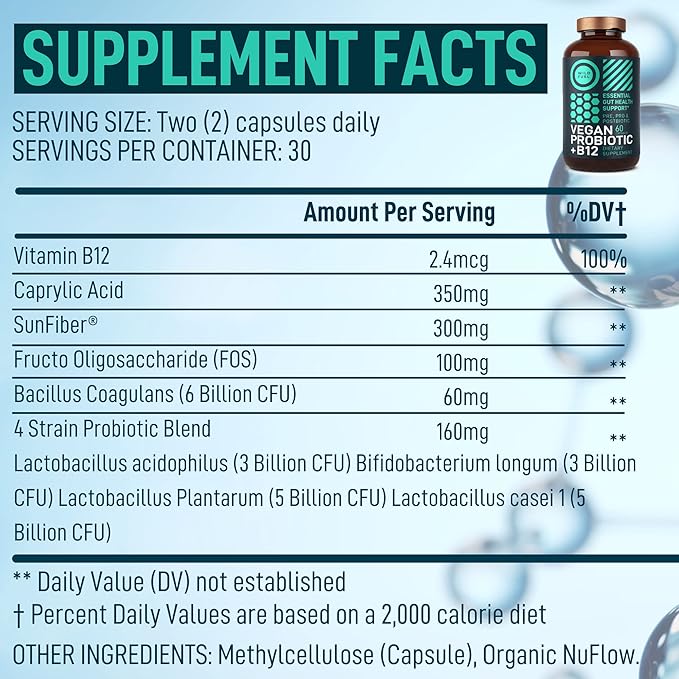 Vegan Probiotic Plus B12 &amp FOS - 22 Billion CFU Synbiotics Prebiotics and Probiotics for Digestive Health IBS Mood Support - B12 Pre Pro Post Biotics for Women &amp Men - 60 Gluten-Free Capsule