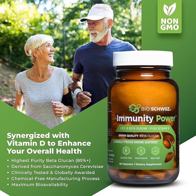 Bio Swiss Beta Glucan Immunity Power - 13D-16D Glucan with Vitamin D - Immune Support Supplement for Enhanced Defense and Wellness - Vegan Gluten-Free (120 Capsules)