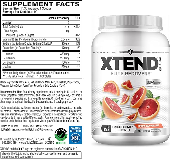 Xtend Original BCAA Powder 7g BCAA and 2.5g L-Glutamine Sugar Free Post Workout Muscle Recovery Drink with Amino Acids for Men &amp Women 90 Servings
