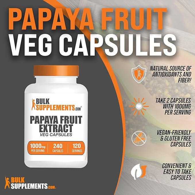 BulkSupplements.com Papaya Fruit Extract Capsules - from Carica Papaya Herbal Supplement - Gluten Free 1000mg 2 Capsules per Serving 240 Count (Pack of 1)