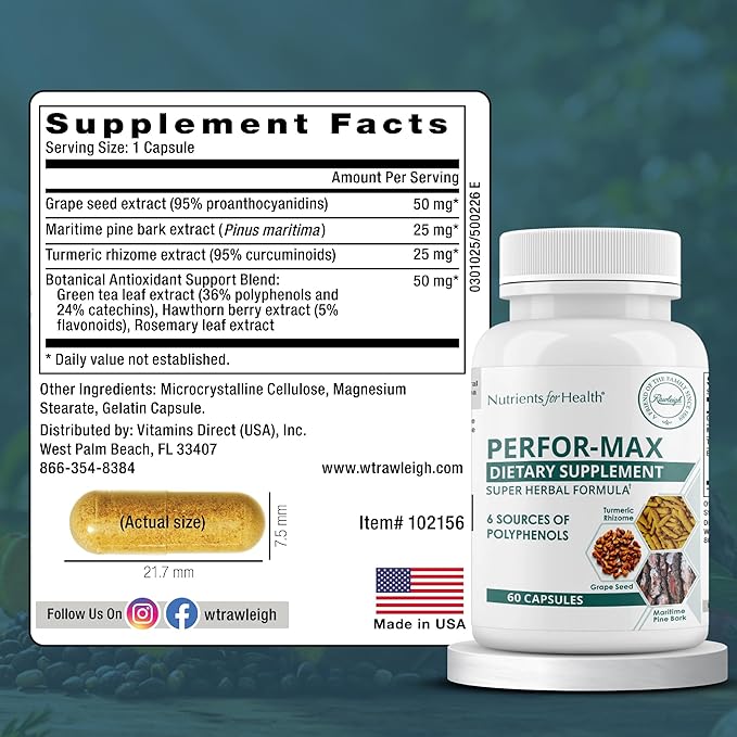 Rawleigh Perfor-Max Antioxidant Blend – Grape Seed Extract Pine Bark Turmeric Green Tea Rosemary &amp Hawthorn – 6-in-1 Polyphenol Complex for Heart Circulation &amp Healthy Aging. 60 Capsules