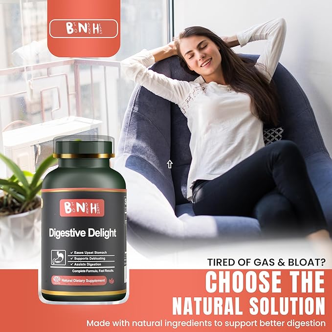 Digestive Delight - Balances Good &amp Bad Bacteria Naturally - Improved Nutrient Absorption - Microbiome - Excessive Gas - Bloating - Abdominal Pain &amp Discomfort - Gut Health - Probiotic Free -