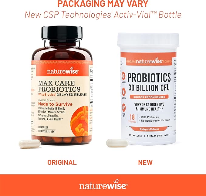 NatureWise Max Probiotics for Women &amp Men - 30 Billion CFU 18 Strains With Prebiotics - For Gut &amp Digestive Health - Delayed-Release Capsules Gluten Free - 60 Capsules[2-Month Supply]