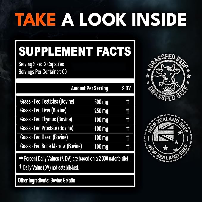 Beef Organ Supplement for Men - 100% Grass Fed Finished Bull Complex for Men's Health - Freeze Dried Non-GMO Bovine Testes Liver Thymus Heart Bone Marrow 120 Capsules