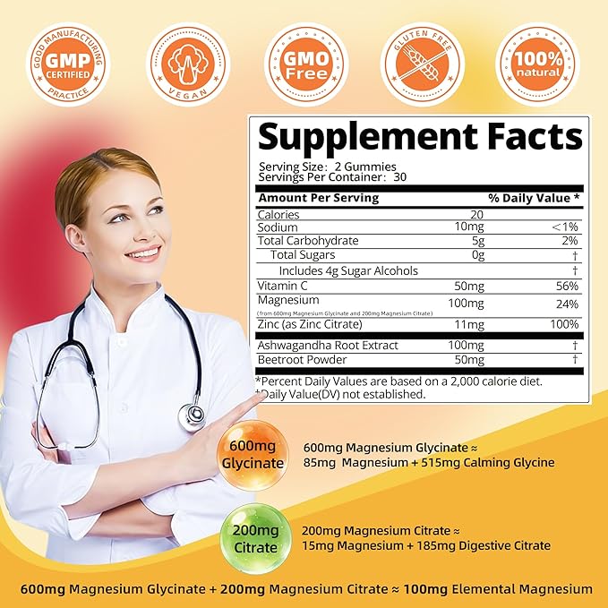 DREAVIO 90 Count Magnesium Glycinate Gummies w/Ashwagandha Supplement - Sugar Free Zinc Magnesium Glycinate Supplement Ashwagandha Gummies for Adults Pineapple Flavor