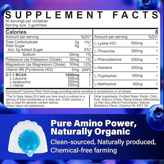 EAA Gummies Supplements All 9 Essential Amino Acids Supplement BCAA Amino Acids Gummies for Men Women│Branched-Chain Aminos &amp Electrolyte Hydration Gummies│Gluten Free Raspberry Flavor Vegan