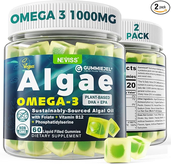 2 Pack Algae Omega 3 Gummies 1000mg Plant Based DHA 460mg &amp EPA 230mg Omega 3 Fish Oil Alternative for Adults Plus MethylFolate Vitamin B12 Phosphatidylserine No Fishy Taste Vegan Sugar Fr