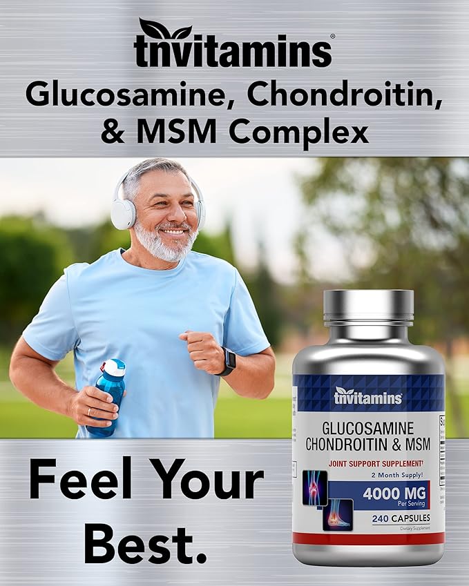 tnvitamins Glucosamine Chondroitin MSM Capsules 240 Count | 4000 mg Per Serving | 2000 mg Glucosamine Sulfate 2KCl + 2000 mg MSM &amp Chondroitin Blend | Joint Support Supplement