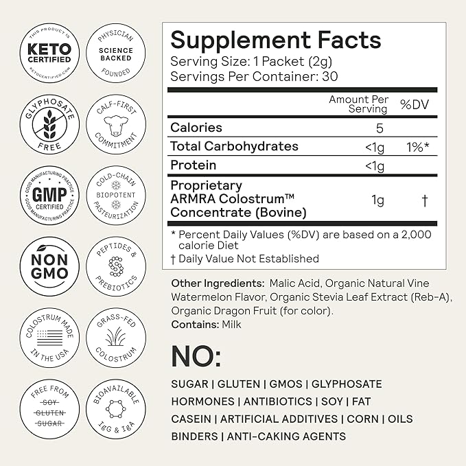 ARMRA Colostrum Powder | Vine Watermelon | Gut Health &amp Bloating | Skin &amp Hair | Immunity | Keto Gluten &amp Fat-Free | 60 Servings