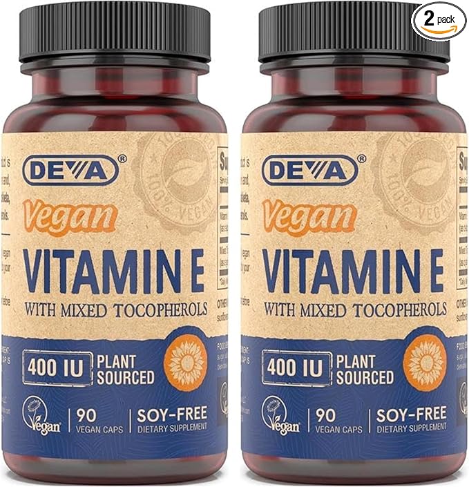 DEVA Vegan Natural Source Vitamin E 400IU with Mixed tocopherols Soy-Free – 90 Veg Caps (Pack of 2)
