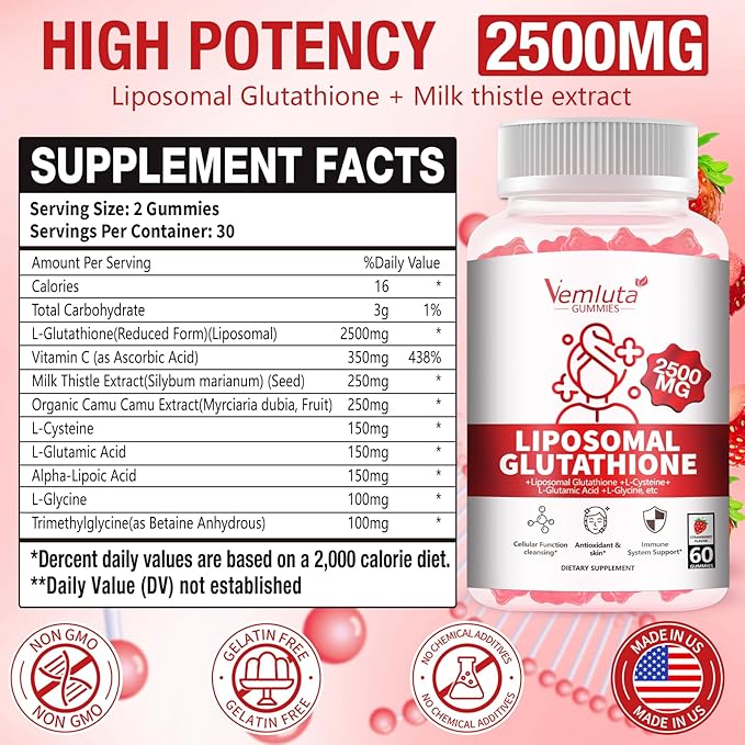 2 Packs 2500MG Liposomal Glutathione Gummies 2X Absorption Liposomal Glutathione for Women-Complex L-Cysteine Antioxidant Skin &amp Liver Support Strawberry Flavor 120 Count