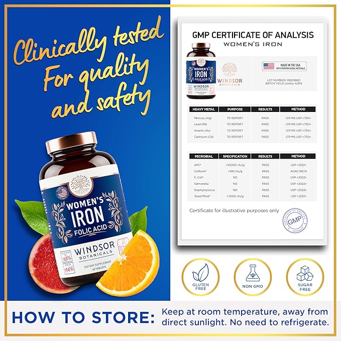 Iron and Folic Acid Supplements for Women - 35mg Gentle Iron Vitamin Folic Acid 400mcg - Anemia Period Pregnancy Support Supplement Ferrous Sulfate Pills - 120 Vegan Non-Constipating Tablets