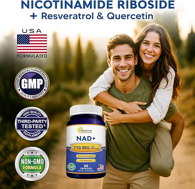 aSquared Nutrition NAD Resveratrol Supplement - NAD+ Nicotinamide Riboside 500mg (Vitamin B3) Plus Trans-Resveratrol &amp Quercetin - NMN Alternative for Men &amp Women - 60 Capsules