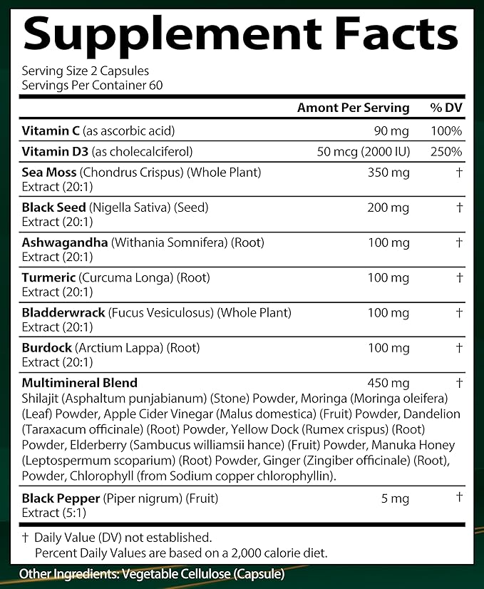 Sea Moss Black Seed Oil Ashwagandha Ginger Organic Sea Moss Capsules with Burdock Root Irish Seamoss Pills with Bladderwrack Turmeric Shilajit Multimineral Supplement USA (120 Capsules)