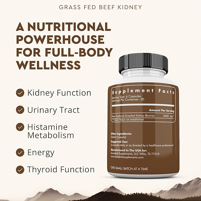 Ancestral Supplements Grass Fed Beef Kidney Supplement 3000mg DAO Enzyme Supplement Kidney Support for Urinary and Histamine Health Selenium B12 Non GMO 180 Capsules