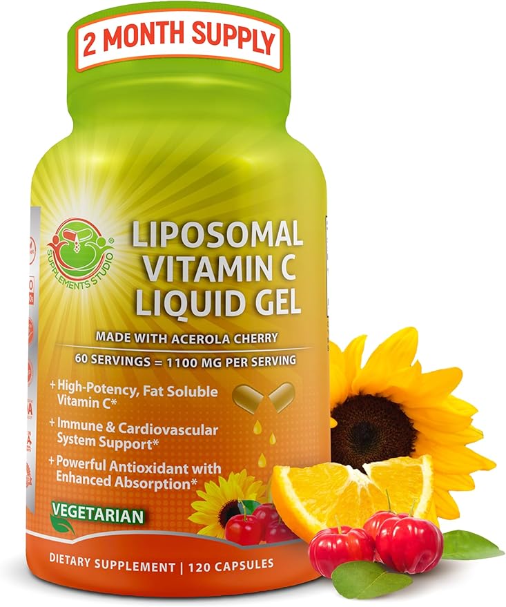 Liposomal Vitamin C Liquid Gel Capsules - 1100mg - Made with Organic Acerola Cherries High Potency Vitamin C Liposomal Immune Support Supplement with Enhanced Absorption &amp Bioavailability - 120 c