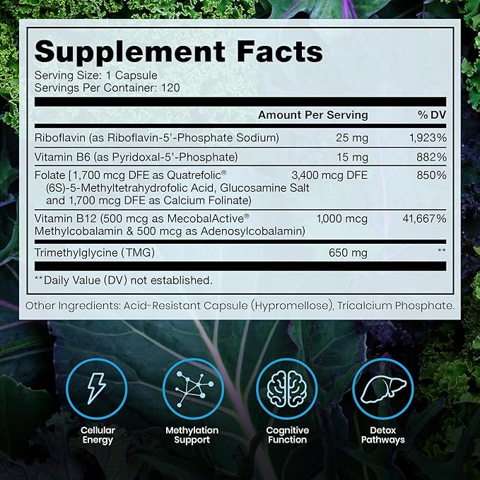 Pure Therapro Rx Methylated B Complex Vitamins Made in USA 4 Month Supply | Methyl B Complete Quatrefolic 5-MTHF Folate B12 Methylcobalamin TMG Trimethylglycine Methylfolate | Pharm Grade