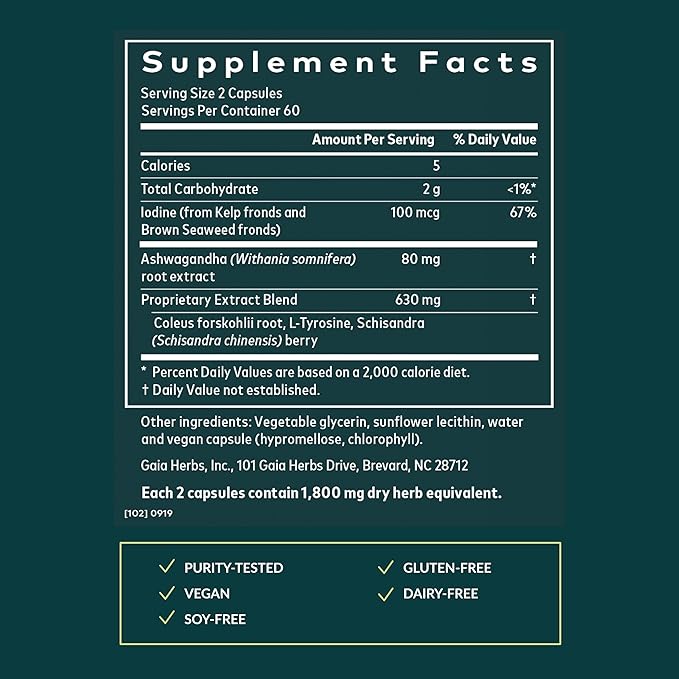 Gaia Herbs Ashwagandha Root - Stress Relief &amp Sleep Support* - 120 Vegan Liquid Phyto-Caps &amp Thyroid Support - Support Healthy Metabolic Balance &amp Overall Well-Being* - 120 Vegan Liquid Ph