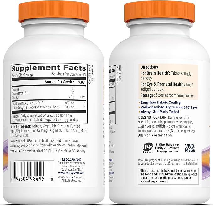 OmegaVia DHA 600 mg Ultra Pure Omega-3 DHA Supplements for Brain and Eyes DHA Prenatal Vitamins for Women Burpless Fish Oil Omega 3 IFOS Tested 120 Softgels
