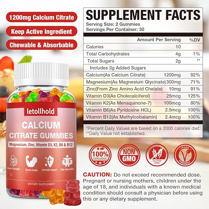 Calcium Citrate Gummies - 1200mg Calcium Gummies with Magnesium Zinc Vitamin D3K2 B6 B12 for Bone Muscle Joints Immune Support High Absorption Calcium Supplements for Women &amp Men 2 Packs
