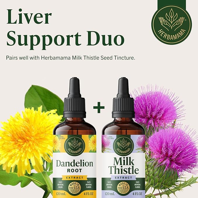 HERBAMAMA Dandelion Root Extract for Liver Cleanse – Lymphatic Drainage Drops – Dandelion Root Supplement – Non-GMO Alcohol &amp Sugar-Free Liver Support Supplement - 56-Day Supply
