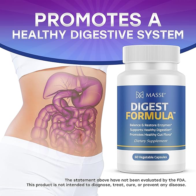MASSE' Digest Formula Supplement Enzyme Boost Capsules - Advanced Formula for Digestive Health &amp Gut Flora Support - Natural Organic Enzyme Supplement for Digestive Care and Overgrowth- 60 Count
