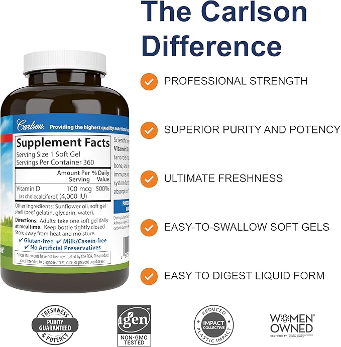 Carlson - Vitamin D3 4000 IU (100 mcg) Bone &amp Immune Health Cholecalciferol Supplement Gluten Free Vitamin D Capsules 360 Softgels