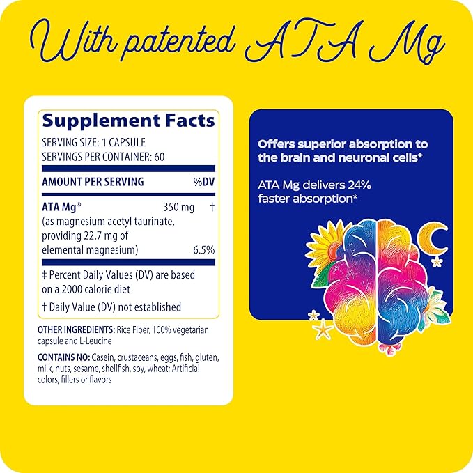 Enzymedica Magnesium Mind Supplement for Women &amp Men - Sleep Stress &amp Cognition Support ATA Mg 24% Faster Absorption High Bioavailability Magnesium Capsules for Brain Vegan Gluten Free -