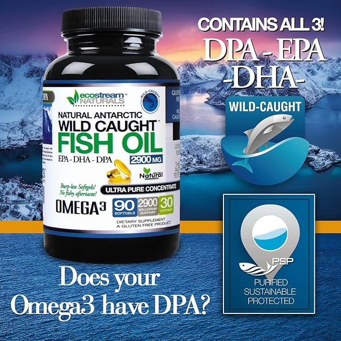 (Pack of 2) Natural Antarctic Wild Caught Omega 3 Fish Oil DPA-EPA-DHA Supplement 2900 Milligrams Triple Strength Ultra Pure Concentrated SoftGels - No Fish Tasting Burps
