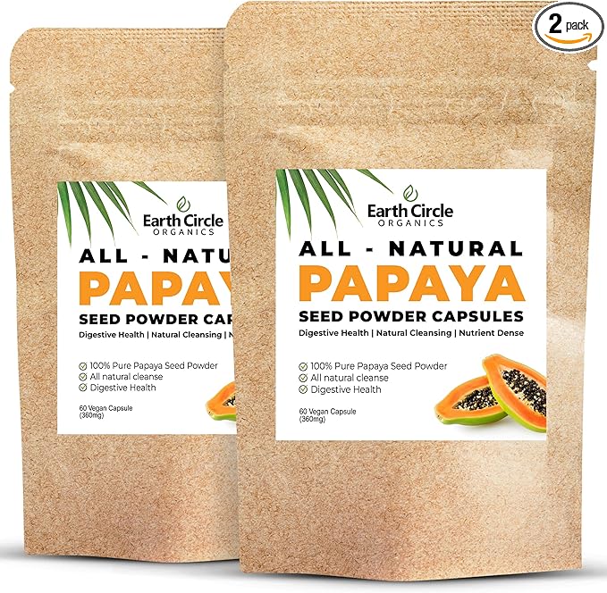 Papaya Seed Powder Capsules – Powerful Papain Supplement with Vitamins A C &amp E &amp Enzymes for Digestion &amp Gut Health – 360mg/Serving – 60 Vegan Capsules per Pack (Pack of 2 60-120 Day Su
