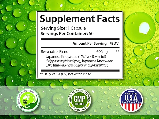 100% Natural Resveratrol Supplement - Trans-Resveratrol Supports Aging - Antioxidants Supplement Promotes Immune System &amp Joint Support (60 Capsules)