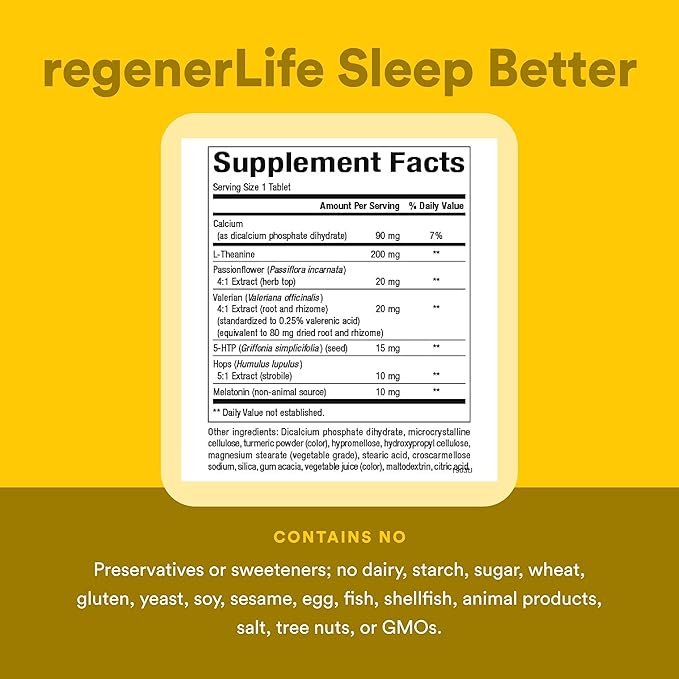 Natural Factors RegenerLife Sleep Better - Sleep Support Supplement with Quick &amp Timed Melatonin Release &amp Botanical Blend - Non-Habit Forming &amp Drug-Free - 60 Tablets (60 Servings)