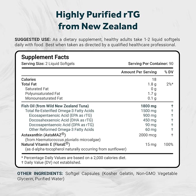 Naturalis Ultra rTG Omega 3 Fish Oil 1800mg from Wild New Zealand Tuna | IFOS Certified &amp Sustainably Sourced | Full Spectrum Omega3s EPA DHA &amp DPA | 180 Softgels