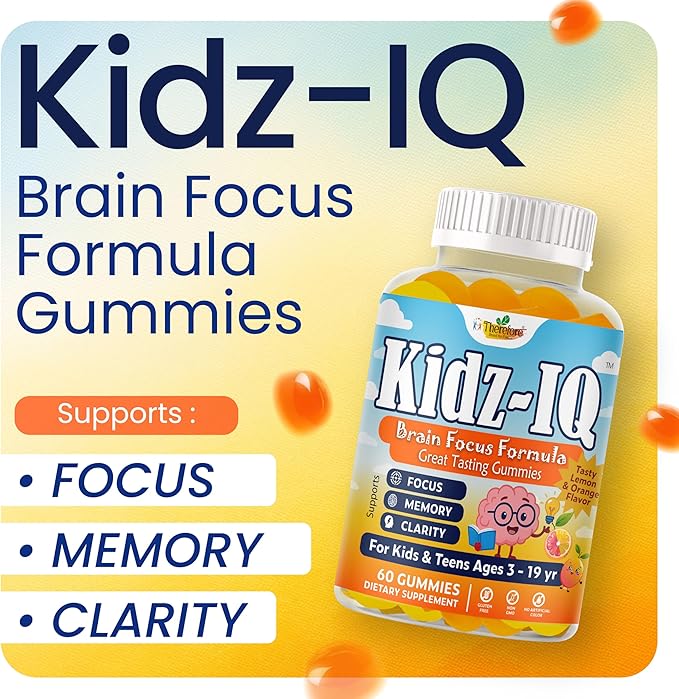 Kidz IQ Focus Gummies for Kids &amp Teens Omega 3 DHA Brain Vitamins for Kids Brain Supplements for Memory and Focus Orange Flavor Non-GMO Gluten-Free – 60 Gummies
