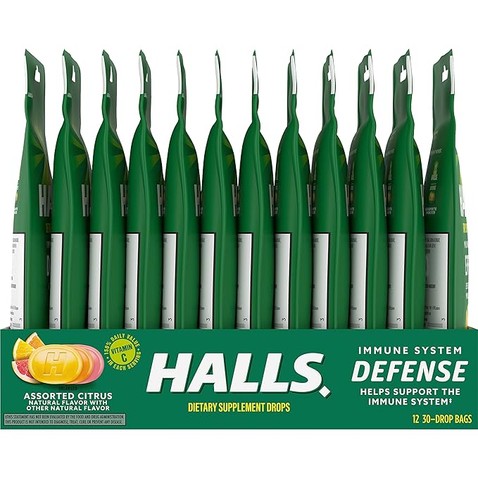 HALLS Defense Assorted Citrus Vitamin C Drops Dietary Supplement Drops 12 Bags of 30 Drops (360 Total Drops)