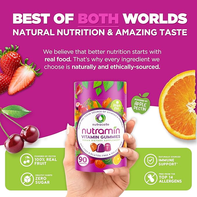 NUTRAMIN Daily Vegan Keto Multivitamin Gummies Non-GMO Natural Vitamin C D + Zinc for Immunity Plant-Based Sugar-Free Nut-Free Gluten-Free Biotin Vitamin A B B6 B12 &amp More 45 Days (90 Co