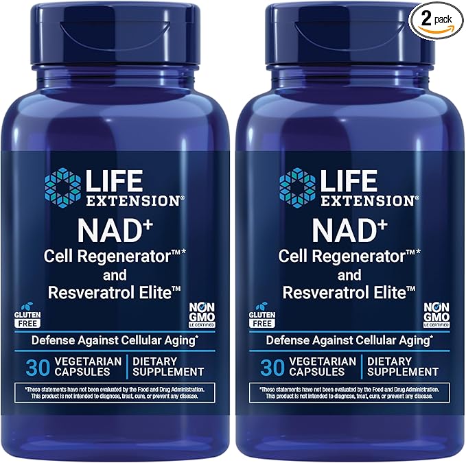 Life Extension NAD+ Cell Regenerator™ &amp Resveratrol Elite™*nicotinamide ribosideTrans-resveratrolquercetinFisetinHeart HealthHealthy AgingVegetarianNon-GMOGluten Free 30 Capsules (Pack o