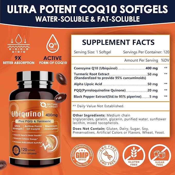 NATURE TARGET Ubiquinol CoQ10 400mg softgels with PQQ &amp Turmeric High Absorption Coenzyme Q10 Supplement with ALA &amp Black Pepper Antioxidant for Heart &amp Brain Health Energy Production