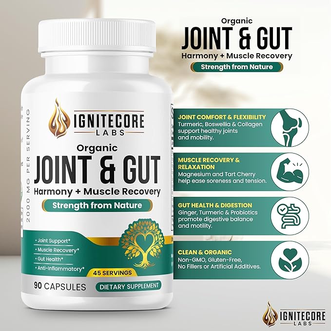 Organic Joint &amp Gut Harmony – Turmeric Ginger Collagen Magnesium &amp Probiotics Blend – Plant-Based Daily Supplement – 90 Vegetable Capsules Made for General Well-Being and Everyday Support