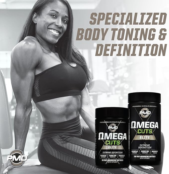 PMD Sports Omega Cuts Elite -Fat Loss-Muscle Defining Formula - Omega Fatty Acids MCT's and CLA for Muscle Definition and Maintenance - Keto Friendly For Women and Men - Stimulant Free (180 Softgels)