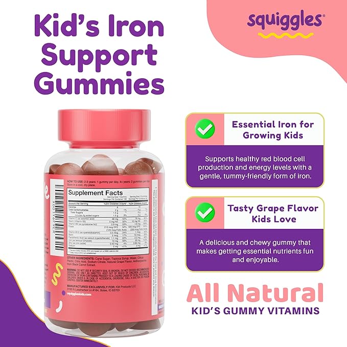 Squiggles Kids Daily Iron+ Gummies - Chewable Supplement with Iron Multivitamin for Children Low Sugar Vegan Toddler Gummies Yummy Grape Flavor (100 Count)