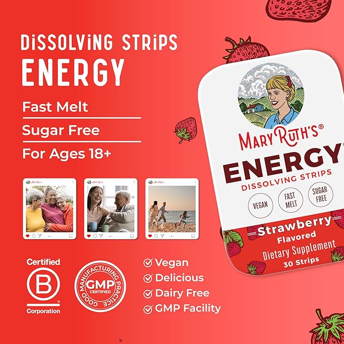 Energy Dissolving Strips by MaryRuth's | Biotin | Vitamin B12 | Vitamin B6 | B Vitamin Complex | Support Energy Levels | L Theanine | Sugar Free | Strawberry Flavor | Vegan | Gluten Free | 30 Count