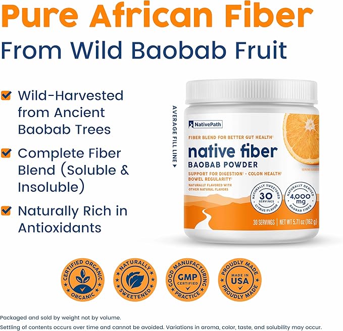 NativePath Organic Baobab Prebiotic Fiber Powder - Digestive Health Supplement - Natural Orange Flavor 30 Servings